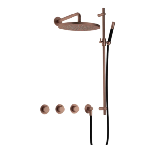 Hotbath Cobber IBS70 inbouw regendoucheset met staafhanddouche aan glijstang en 30cm ronde hoofddouche aan 40cm wandarm geborsteld koper PVD - Loodgieter in hengelo
