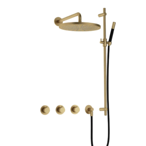 Hotbath Cobber IBS70 inbouw regendoucheset met staafhanddouche aan glijstang en 30cm ronde hoofddouche aan 40cm wandarm geborsteld messing - Loodgieter in hengelo