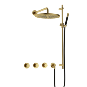 Hotbath Cobber IBS70 inbouw regendoucheset met staafhanddouche aan glijstang en 30cm ronde hoofddouche aan 40cm wandarm geborsteld messing PVD - Loodgieter in hengelo