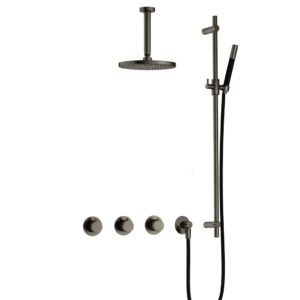 Hotbath Cobber IBS70 inbouw regendoucheset met staafhanddouche aan glijstang en 20cm ronde hoofddouche aan 15cm plafondarm verouderd ijzer - Loodgieter in hengelo