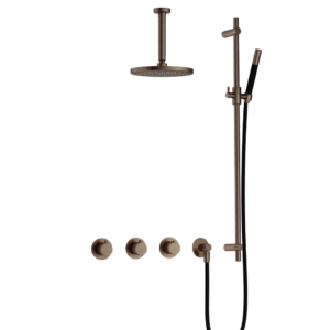 Hotbath Cobber IBS70 inbouw regendoucheset met staafhanddouche aan glijstang en 20cm ronde hoofddouche aan 15cm plafondarm verouderd messing - Loodgieter in hengelo