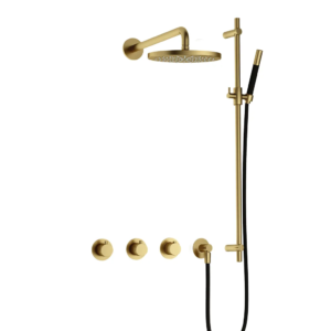 Hotbath Cobber IBS70 inbouw regendoucheset met staafhanddouche aan glijstang en 20cm ronde hoofddouche aan 40cm wandarm geborsteld messing PVD - Loodgieter in hengelo