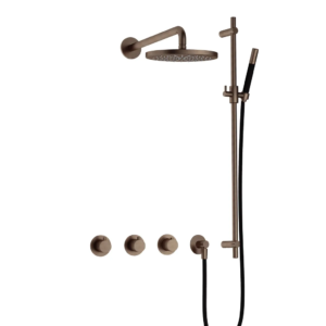Hotbath Cobber IBS70 inbouw regendoucheset met staafhanddouche aan glijstang en 20cm ronde hoofddouche aan 40cm wandarm verouderd messing - Loodgieter in hengelo