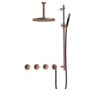 Hotbath Cobber IBS70 inbouw regendoucheset met staafhanddouche aan glijstang en 30cm ronde hoofddouche aan 15cm plafondarm geborsteld koper PVD - Loodgieter in hengelo