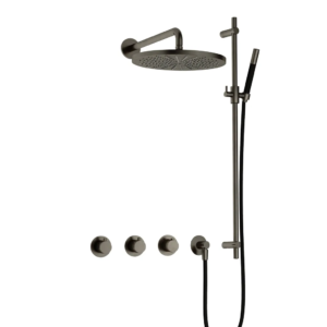 Hotbath Cobber IBS70 inbouw regendoucheset met staafhanddouche aan glijstang en 30cm ronde hoofddouche aan 40cm wandarm verouderd ijzer - Loodgieter in hengelo