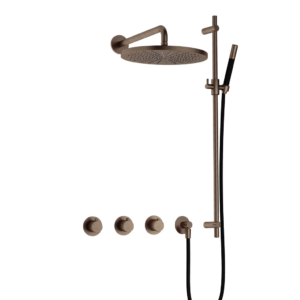 Hotbath Cobber IBS70 inbouw regendoucheset met staafhanddouche aan glijstang en 30cm ronde hoofddouche aan 40cm wandarm verouderd messing - Loodgieter in hengelo