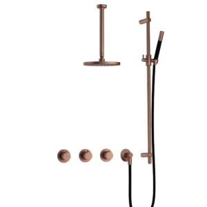 Hotbath Cobber IBS70 inbouw regendoucheset met staafhanddouche aan glijstang en 20cm ronde hoofddouche aan 30cm plafondarm geborsteld koper PVD - Loodgieter in hengelo