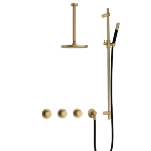 Hotbath Cobber IBS70 inbouw regendoucheset met staafhanddouche aan glijstang en 20cm ronde hoofddouche aan 30cm plafondarm geborsteld messing - Loodgieter in hengelo