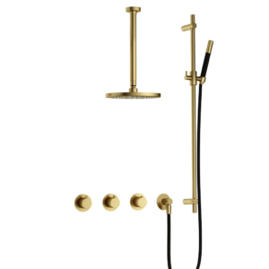 Hotbath Cobber IBS70 inbouw regendoucheset met staafhanddouche aan glijstang en 20cm ronde hoofddouche aan 30cm plafondarm geborsteld messing PVD - Loodgieter in hengelo
