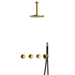 Hotbath Cobber IBS70 inbouw regendoucheset met staafhanddouche aan houder en 20cm ronde hoofddouche aan 15cm plafondarm geborsteld messing PVD - Loodgieter in hengelo