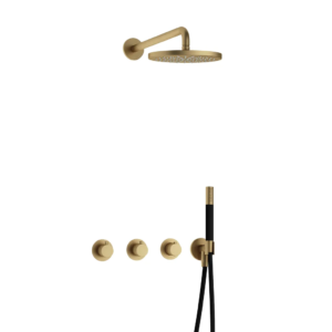Hotbath Cobber IBS70 inbouw regendoucheset met staafhanddouche aan houder en 20cm ronde hoofddouche aan 40cm wandarm geborsteld messing - Loodgieter in hengelo