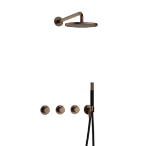 Hotbath Cobber IBS70 inbouw regendoucheset met staafhanddouche aan houder en 20cm ronde hoofddouche aan 40cm wandarm verouderd messing - Loodgieter in hengelo