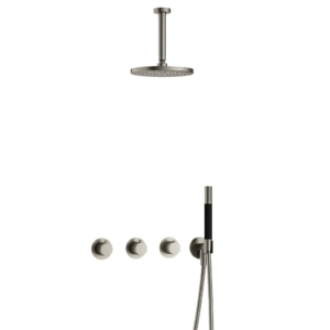 Hotbath Cobber IBS70 inbouw regendoucheset met staafhanddouche aan houder en 20cm ronde hoofddouche aan 15cm plafondarm geborsteld nikkel - Loodgieter in hengelo