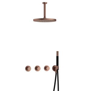 Hotbath Cobber IBS70 inbouw regendoucheset met staafhanddouche aan houder en 30cm ronde hoofddouche aan 15cm plafondarm geborsteld koper PVD - Loodgieter in hengelo