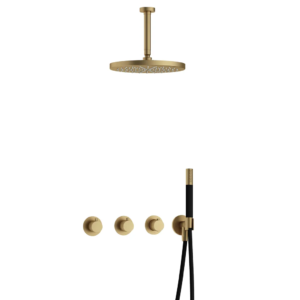 Hotbath Cobber IBS70 inbouw regendoucheset met staafhanddouche aan houder en 30cm ronde hoofddouche aan 15cm plafondarm geborsteld messing - Loodgieter in hengelo