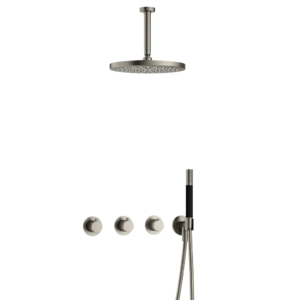 Hotbath Cobber IBS70 inbouw regendoucheset met staafhanddouche aan houder en 30cm ronde hoofddouche aan 15cm plafondarm geborsteld nikkel - Loodgieter in hengelo