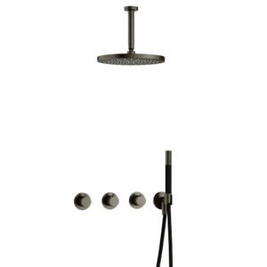 Hotbath Cobber IBS70 inbouw regendoucheset met staafhanddouche aan houder en 30cm ronde hoofddouche aan 15cm plafondarm verouderd ijzer - Loodgieter in hengelo