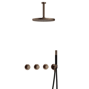 Hotbath Cobber IBS70 inbouw regendoucheset met staafhanddouche aan houder en 30cm ronde hoofddouche aan 15cm plafondarm verouderd messing - Loodgieter in hengelo