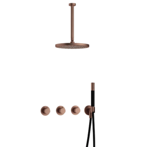 Hotbath Cobber IBS70 inbouw regendoucheset met staafhanddouche aan houder en 30cm ronde hoofddouche aan 30cm plafondarm geborsteld koper PVD - Loodgieter in hengelo