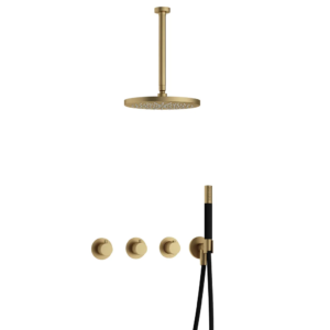 Hotbath Cobber IBS70 inbouw regendoucheset met staafhanddouche aan houder en 30cm ronde hoofddouche aan 30cm plafondarm geborsteld messing - Loodgieter in hengelo