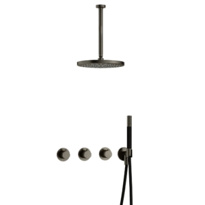 Hotbath Cobber IBS70 inbouw regendoucheset met staafhanddouche aan houder en 30cm ronde hoofddouche aan 30cm plafondarm verouderd ijzer - Loodgieter in hengelo