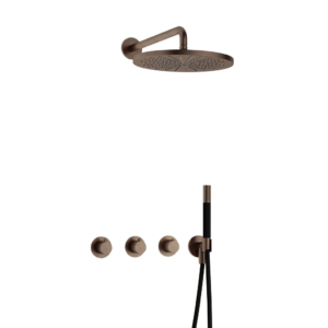 Hotbath Cobber IBS70 inbouw regendoucheset met staafhanddouche aan houder en 30cm ronde hoofddouche aan 40cm wandarm verouderd messing - Loodgieter in hengelo