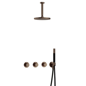 Hotbath Cobber IBS70 inbouw regendoucheset met staafhanddouche aan houder en 20cm ronde hoofddouche aan 15cm plafondarm verouderd messing - Loodgieter in hengelo