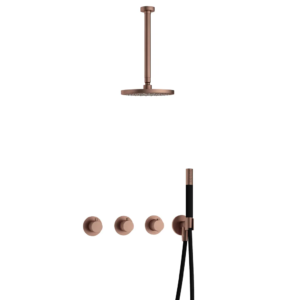 Hotbath Cobber IBS70 inbouw regendoucheset met staafhanddouche aan houder en 20cm ronde hoofddouche aan 30cm plafondarm geborsteld koper PVD - Loodgieter in hengelo