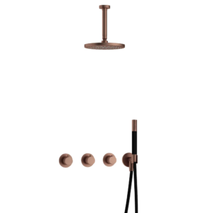 Hotbath Cobber IBS70 inbouw regendoucheset met staafhanddouche aan houder en 20cm ronde hoofddouche aan 15cm plafondarm geborsteld koper PVD - Loodgieter in hengelo