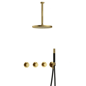 Hotbath Cobber IBS70 inbouw regendoucheset met staafhanddouche aan houder en 30cm ronde hoofddouche aan 30cm plafondarm geborsteld messing PVD - Loodgieter in hengelo