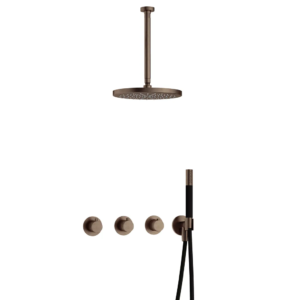 Hotbath Cobber IBS70 inbouw regendoucheset met staafhanddouche aan houder en 30cm ronde hoofddouche aan 30cm plafondarm verouderd messing - Loodgieter in hengelo