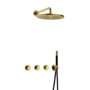 Hotbath Cobber IBS70 inbouw regendoucheset met staafhanddouche aan houder en 30cm ronde hoofddouche aan 40cm wandarm geborsteld messing PVD - Loodgieter in hengelo