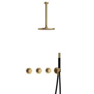 Hotbath Cobber IBS70 inbouw regendoucheset met staafhanddouche aan houder en 20cm ronde hoofddouche aan 30cm plafondarm geborsteld messing - Loodgieter in hengelo