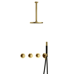 Hotbath Cobber IBS70 inbouw regendoucheset met staafhanddouche aan houder en 20cm ronde hoofddouche aan 30cm plafondarm geborsteld messing PVD - Loodgieter in hengelo