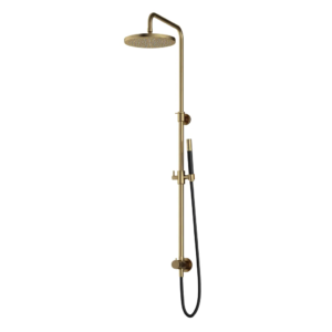 Hotbath Cobber M538 opbouw regendoucheset zonder mengkraan met staafhanddouche en 30cm ronde hoofddouche aan glijstang geborsteld messing - Loodgieter in hengelo