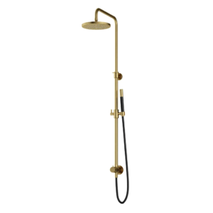 Hotbath Cobber M538 opbouw regendoucheset zonder mengkraan met staafhanddouche en 20cm ronde hoofddouche aan glijstang geborsteld messing PVD - Loodgieter in hengelo