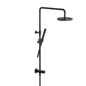 Hotbath Cobber M538 opbouw regendoucheset zonder mengkraan met staafhanddouche en 20cm ronde hoofddouche aan glijstang geborsteld zwart PVD - Loodgieter in hengelo