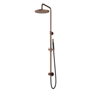 Hotbath Cobber M538 opbouw regendoucheset zonder mengkraan met staafhanddouche en 30cm ronde hoofddouche aan glijstang geborsteld koper PVD - Loodgieter in hengelo