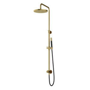 Hotbath Cobber M538 opbouw regendoucheset zonder mengkraan met staafhanddouche en 30cm ronde hoofddouche aan glijstang geborsteld messing PVD - Loodgieter in hengelo