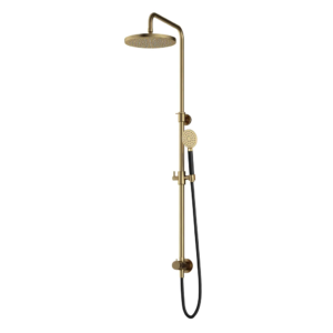 Hotbath Cobber M538 opbouw regendoucheset zonder mengkraan met ronde handdouche en 30cm ronde hoofddouche aan glijstang geborsteld messing - Loodgieter in hengelo
