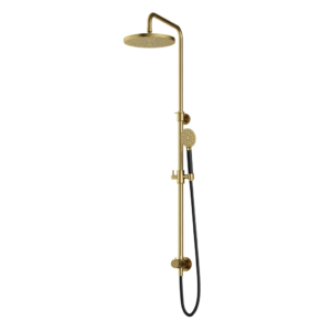 Hotbath Cobber M538 opbouw regendoucheset zonder mengkraan met ronde handdouche en 30cm ronde hoofddouche aan glijstang geborsteld messing PVD - Loodgieter in hengelo