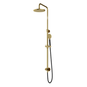 Hotbath Cobber M538 opbouw regendoucheset zonder mengkraan met ronde handdouche en 20cm ronde hoofddouche aan glijstang geborsteld messing PVD - Loodgieter in hengelo