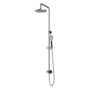 Hotbath Cobber M538 opbouw regendoucheset zonder mengkraan met ronde handdouche en 20cm ronde hoofddouche aan glijstang geborsteld nikkel - Loodgieter in hengelo