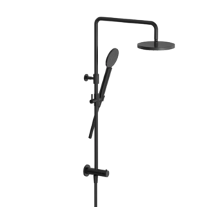 Hotbath Cobber M538 opbouw regendoucheset zonder mengkraan met ronde handdouche en 20cm ronde hoofddouche aan glijstang geborsteld zwart PVD - Loodgieter in hengelo