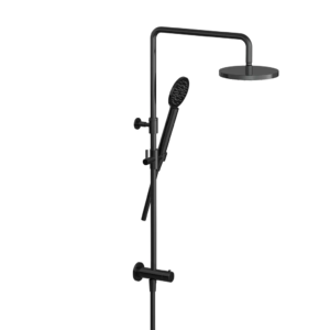 Hotbath Cobber M538 opbouw regendoucheset zonder mengkraan met ronde handdouche en 20cm ronde hoofddouche aan glijstang gepolijst zwart PVD - Loodgieter in hengelo