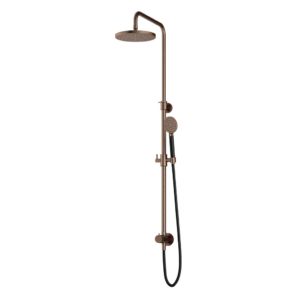 Hotbath Cobber M538 opbouw regendoucheset zonder mengkraan met ronde handdouche en 20cm ronde hoofddouche aan glijstang verouderd messing - Loodgieter in hengelo
