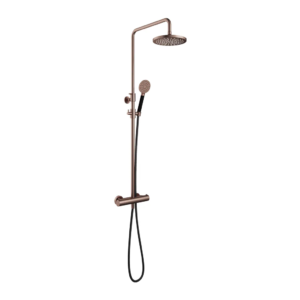 Hotbath Cobber SDS9 opbouw regendoucheset met ronde handdouche en 20cm ronde hoofddouche aan glijstang geborsteld koper PVD - Loodgieter in hengelo