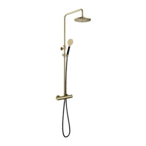 Hotbath Cobber SDS9 opbouw regendoucheset met ronde handdouche en 20cm ronde hoofddouche aan glijstang geborsteld messing - Loodgieter in hengelo