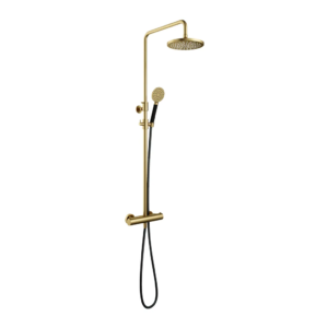 Hotbath Cobber SDS9 opbouw regendoucheset met ronde handdouche en 20cm ronde hoofddouche aan glijstang geborsteld messing PVD - Loodgieter in hengelo