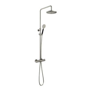 Hotbath Cobber SDS9 opbouw regendoucheset met ronde handdouche en 20cm ronde hoofddouche aan glijstang geborsteld nikkel - Loodgieter in hengelo